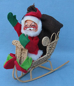 Annalee 7" Santa in Wicker Sleigh with Brown Toy Sack - Closed Eyes -  1977 - Near Mint - C21-77x